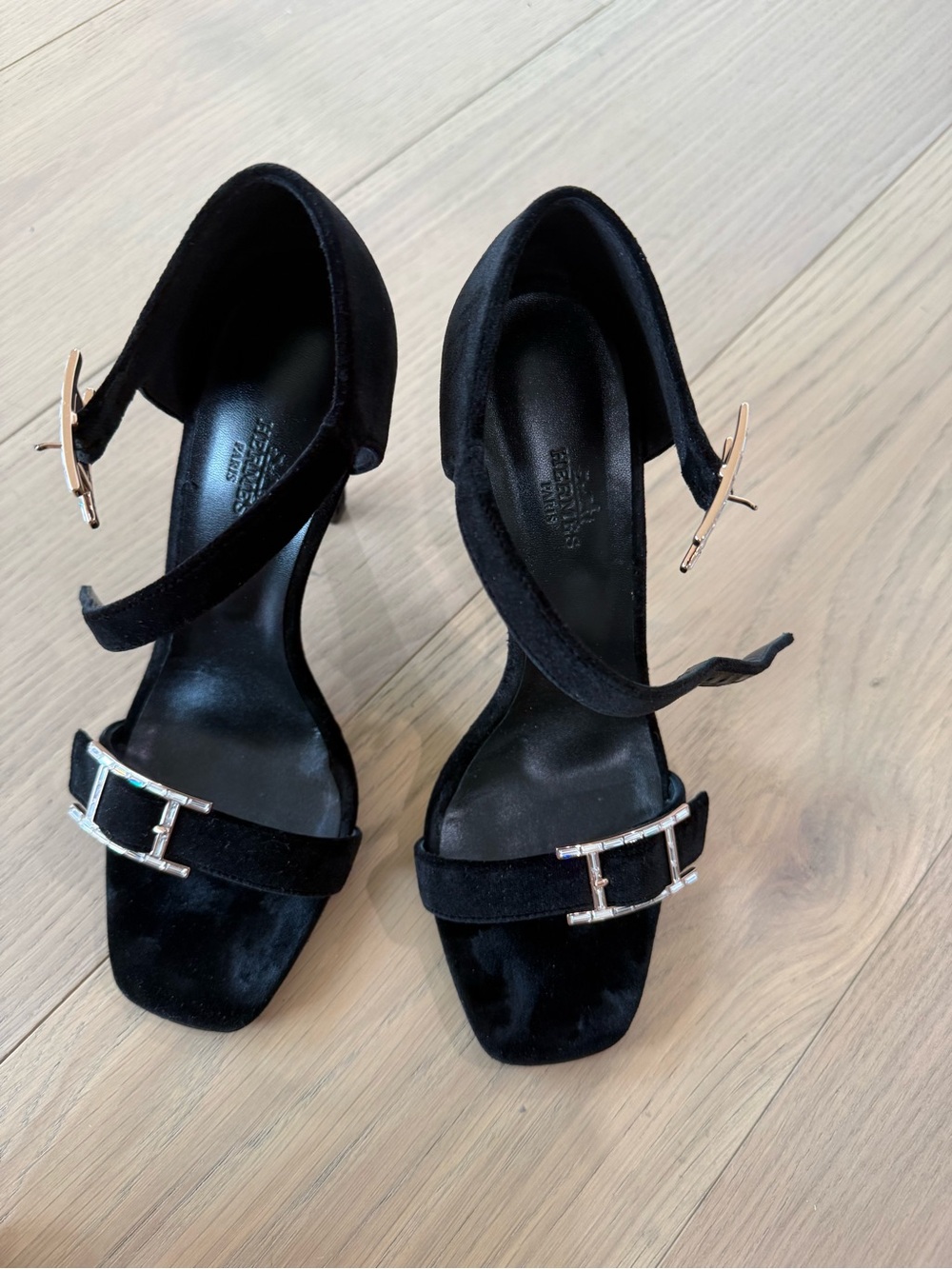 Hermes Black Suede Ankle-Strap Heels with Silver Buckles